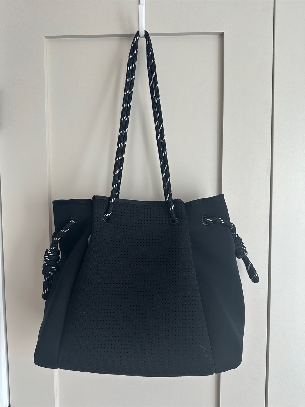 Anthropologie Black Perforated Neoprene Drawstring Tote